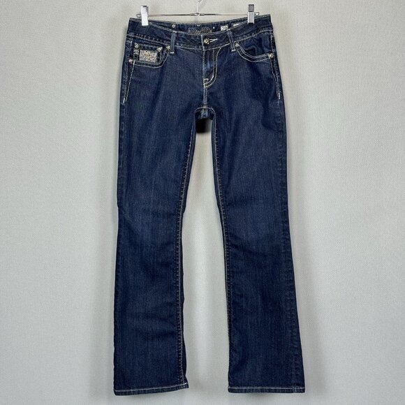 Miss Me Jeans Womens 29 Blue Boot Low Rise Stretch Dark Wash Denim Rhinestones - Picture 1 of 13